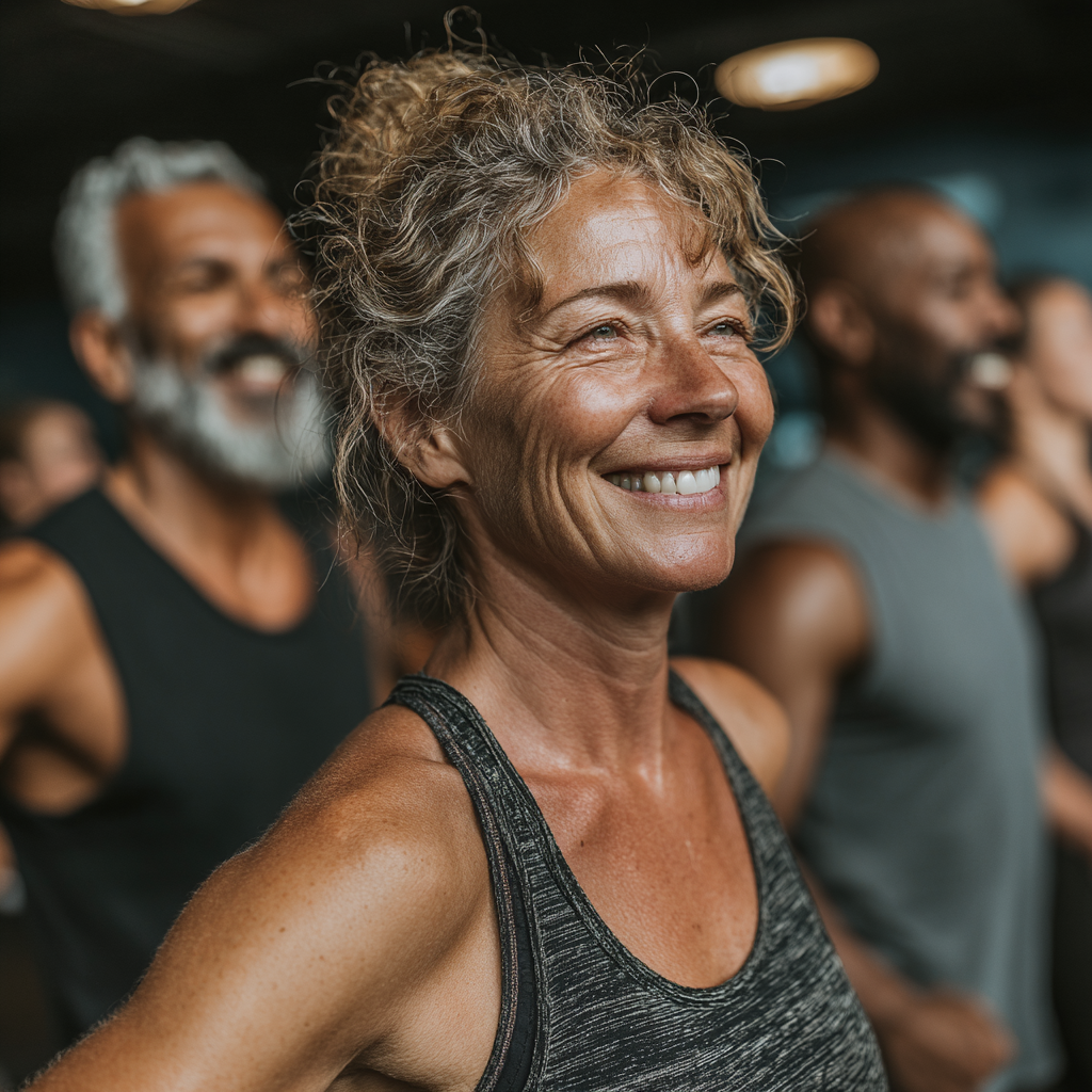 Group of diverse individuals, including people in their 40s and 50s, performing low-impact exercises with a trainer, showing collaboration and health.